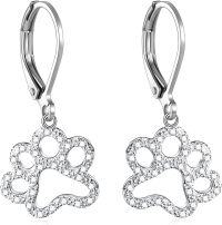 wholesale 925 Sterling Silver Dog Paw Print Leverback Drop Dangle Earrings with Cubic Zirconia for Women and Girls-Leverback Paw Earrings
