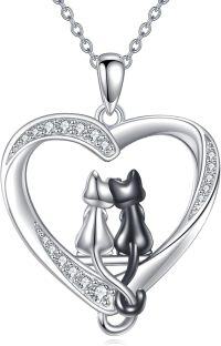 wholesale 925 Sterling Silver Heart-Shaped Love Cats Pendant Necklace with Cubic Zirconia Stones for Women and Girls-A-Two Cat Black and White