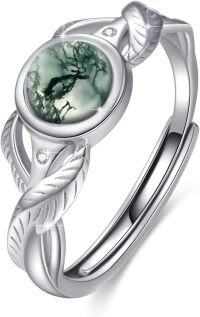 wholesale 925 Sterling Silver Moss Agate Leaf Moonstone Adjustable Open Ring for Women-Moss Agate Ring