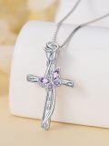 wholesale 925 Sterling Silver Cross with Purple Crystal Butterfly Pendant Necklace for Women-0-2