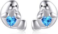 wholesale 925 Sterling Silver Heart-Shaped Animal Stud Earrings with Blue Crystal for Women Girls Gifts-Manatee