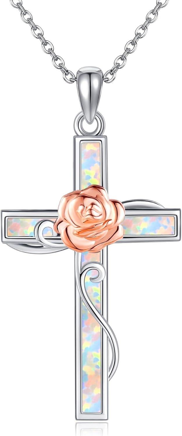 Sterling Silver Opal Cross Necklace Rose Opal Stethoscope Pendant Celtic Faith Jewelry for Women-Opal Cross Rose