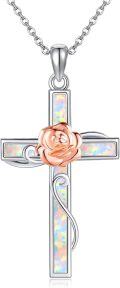 wholesale 925 Sterling Silver Rainbow Opal Cross with Rose Gold Plated Flower Pendant Necklaces for Women Celtic Faith -0-0