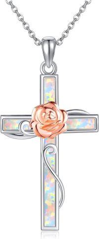 wholesale 925 Sterling Silver Rainbow Opal Cross with Rose Gold Plated Flower Pendant Necklaces for Women Celtic Faith -Opal Cross Rose