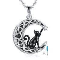 wholesale 925 Sterling Silver Celtic Moon Black Cat Tree of Life Pendant Necklace for Women-E-Moon Black Cat Urn Necklace