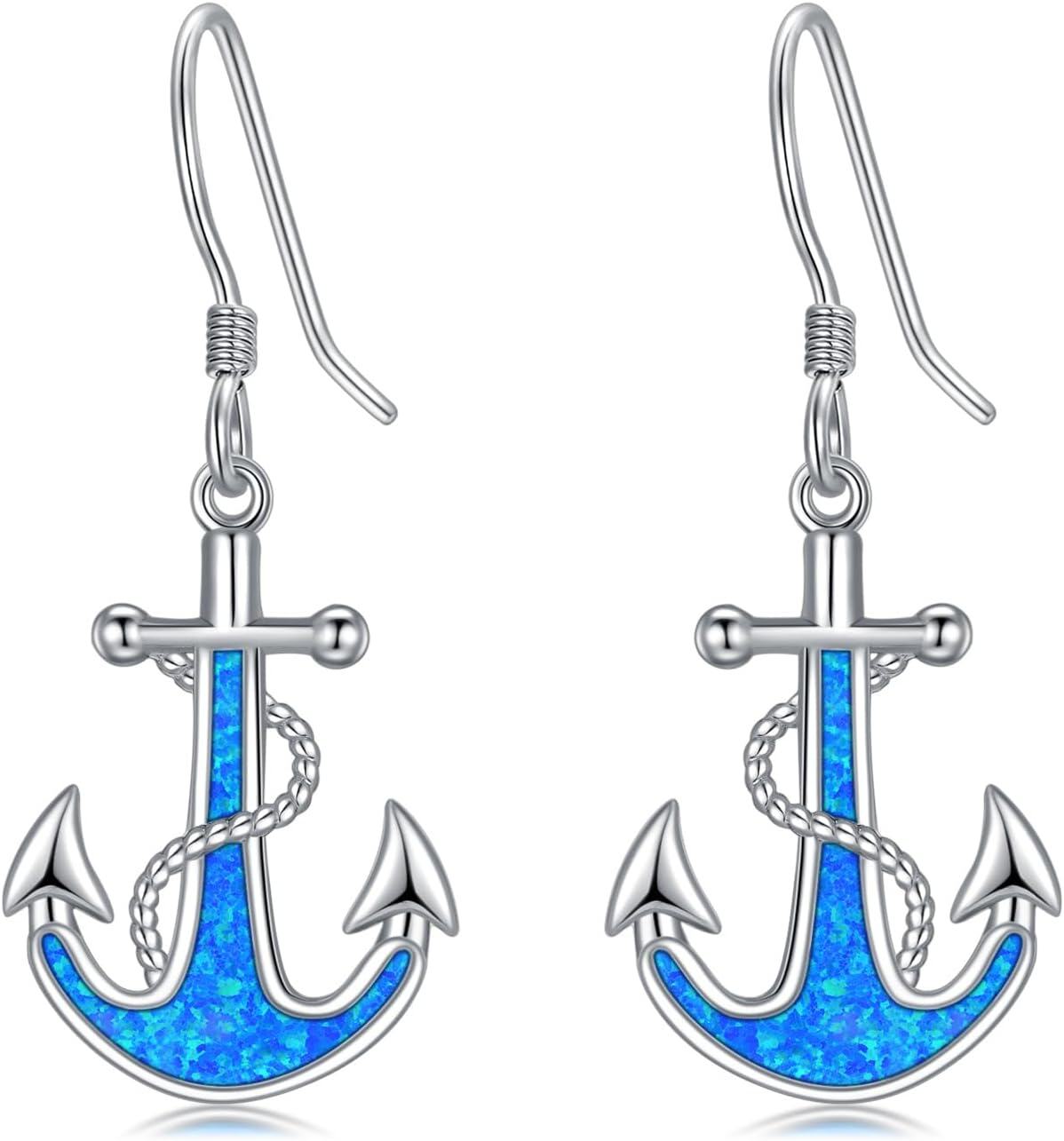 wholesale 925 Sterling Silver Blue Opal Anchor Dangle Drop Earrings for Women Beach -0-0