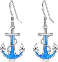 wholesale 925 Sterling Silver Blue Opal Anchor Dangle Drop Earrings for Women Beach -Anchor