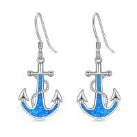 wholesale 925 Sterling Silver Blue Opal Anchor Dangle Drop Earrings for Women Beach -Anchor
