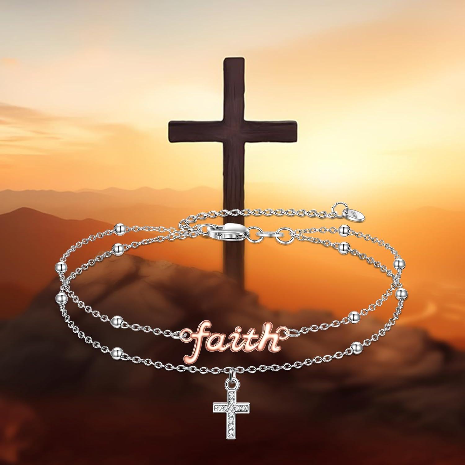 wholesale 925 Sterling Silver Faith Charm & Cross Anklet Bracelet s for Women-0-5