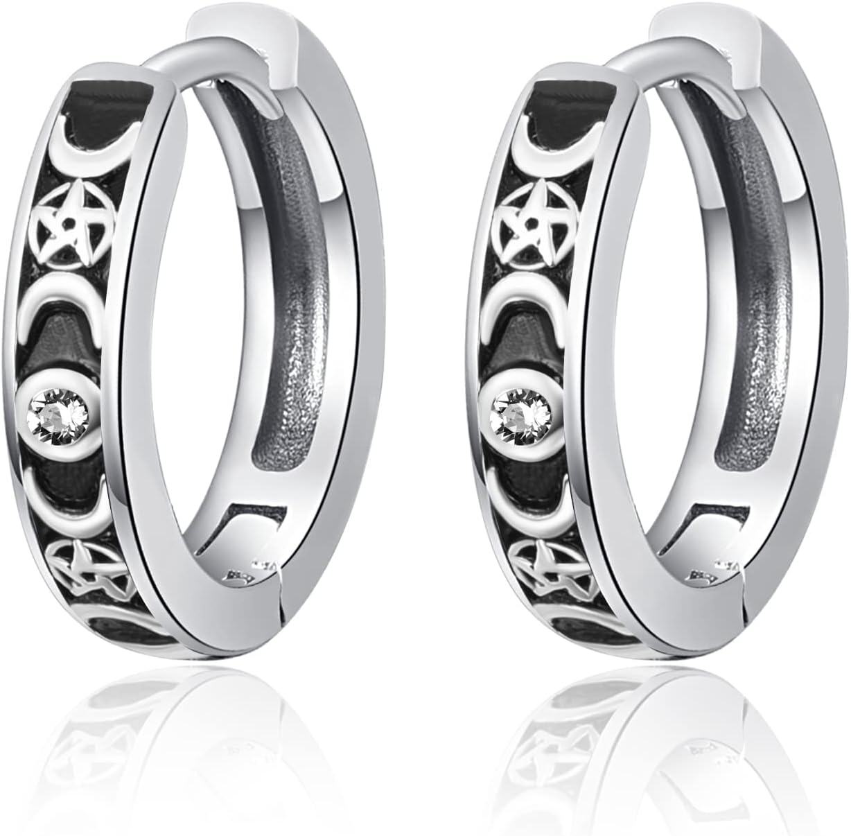 Sterling Silver Celestial Star Moon Earrings for Men Women Small Hoop Huggie Jewelry-0-0