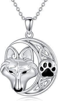 wholesale 925 Sterling Silver Wolf Head and Paw Print Charm Necklace - Gifts for Women & Girls-Wolf
