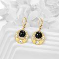 wholesale 925 Sterling Silver Black Moon And White Pearl Earrings With Golden Leaves Design-0-3
