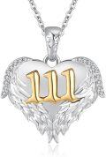 wholesale 925 Sterling Silver Angel Number 111 Heart Wings Pendant with Cubic Zirconia and Gold Plating on White Enamel Necklaces for Women (Length: Adjustable from 43-70cm)-0-0