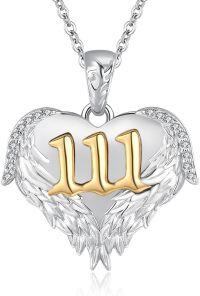 wholesale 925 Sterling Silver Angel Number 111 Heart Wings Pendant with Cubic Zirconia and Gold Plating on White Enamel Necklaces for Women (Length: Adjustable from 43-70cm)-111