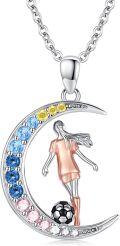 wholesale 925 Sterling Silver Moon Soccer Player Pendant Necklace for Women Girls Sport Gift-0-0
