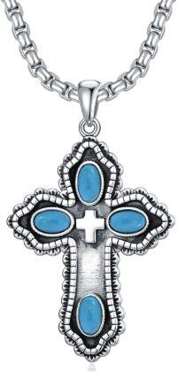 wholesale 925 Sterling Silver Cross Pendant with Blue Turquoise and Black Stone Accents for Women-turquoise