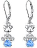 wholesale 925 Sterling Silver Blue Crystal Heart Dog Cat Paw Print Dangle Earrings for Women-0-0