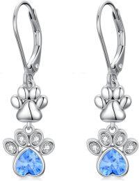 wholesale 925 Sterling Silver Blue Crystal Heart Dog Cat Paw Print Dangle Earrings for Women-Blue