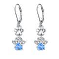 wholesale 925 Sterling Silver Blue Crystal Heart Dog Cat Paw Print Dangle Earrings for Women-0-0