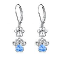 wholesale 925 Sterling Silver Blue Crystal Heart Dog Cat Paw Print Dangle Earrings for Women-Blue
