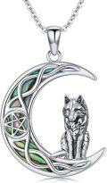 wholesale 925 Sterling Silver Wolf on Crescent Moon with Abalone Shell and Pentagram Pendant Necklaces for Women Girls s 43cm Chain Length-0-0