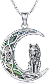 wholesale 925 Sterling Silver Wolf on Crescent Moon with Abalone Shell and Pentagram Pendant Necklaces for Women Girls s 43cm Chain Length-Wolf
