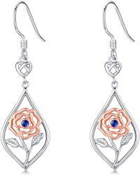 wholesale 925 Sterling Silver Rose Dangle Earrings with Birthstone Flower Jewelry for Women-September-Sapphire