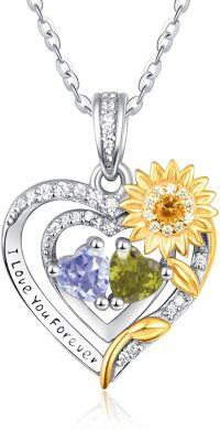wholesale Sterling Silver 2 Birthstones Sunflower Heart Necklace for Women-06-08-Jun-Aug