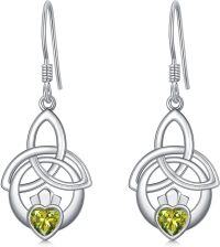wholesale 925 Sterling Silver Birthstone Irish Celtic Claddagh Love Heart Drop Dangle Earrings-08-Aug(Peridot)