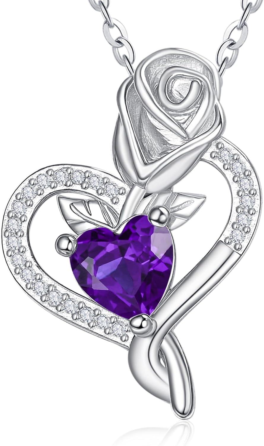 Sterling Silver Birthstone Heart Pendant Necklace for Women-02-Feb