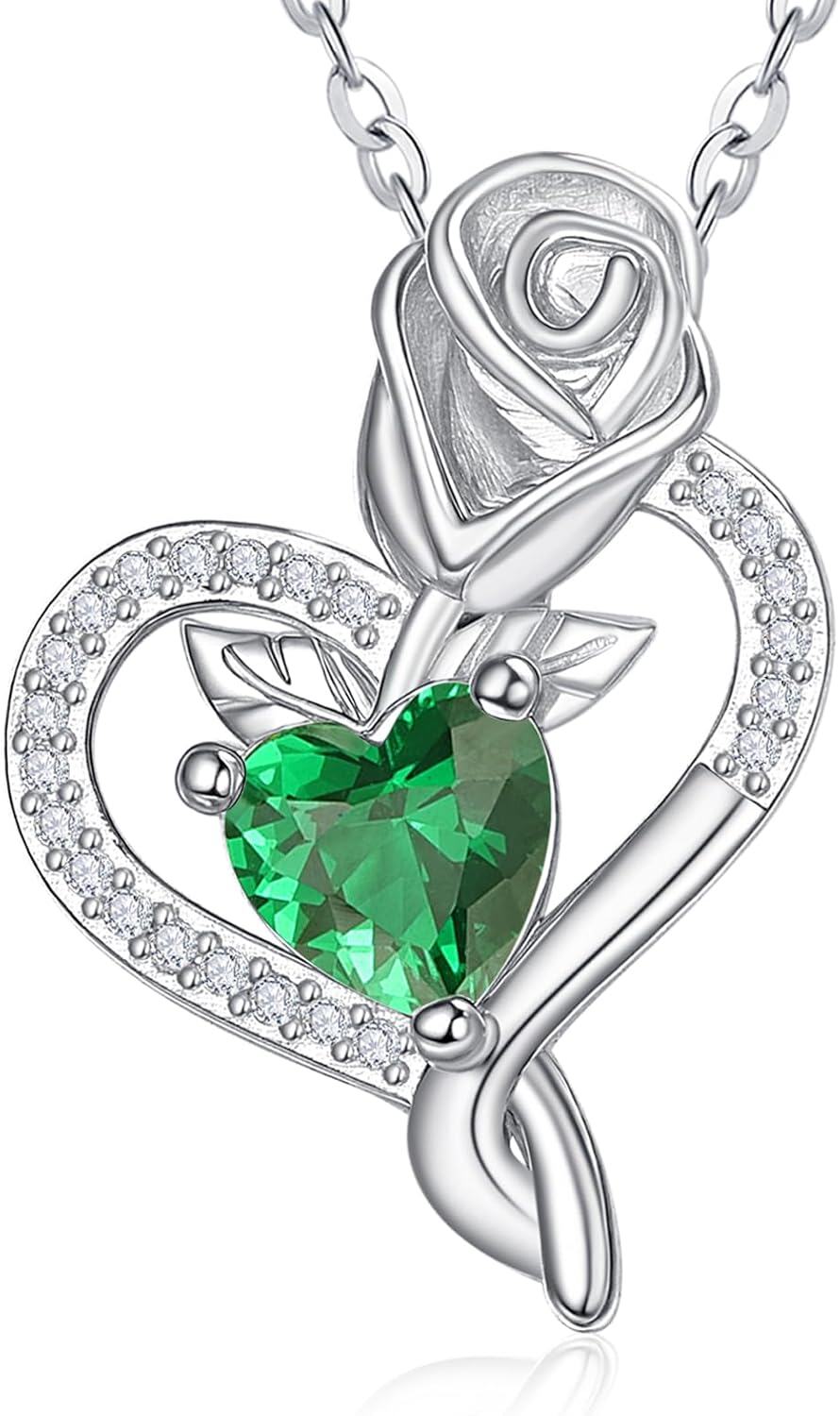 Sterling Silver Birthstone Heart Pendant Necklace for Women-05-May