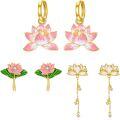 wholesale 925 Sterling Silver Pink Enamel Lotus Flower Drop Earring Set for Women (Set of 6 Pcs.)-0-0