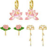 wholesale 925 Sterling Silver Pink Enamel Lotus Flower Drop Earring Set for Women (Set of 6 Pcs.)-Lotus