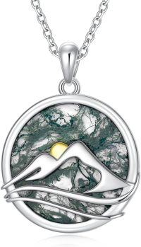 wholesale 925 Sterling Silver with Abalone Shell and Moss Agate Mountain Pendant Necklace for Hikers-1-moss agate