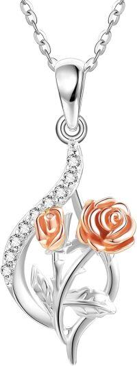 wholesale 925 Sterling Silver Rose Pendant with CZ Stones and Chain - 3D Flower Design Jewelry for Women-Rose