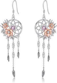 wholesale 925 Sterling Silver Pink Stone Flower Feather Dreamcatcher Drop Earrings-June