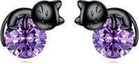 wholesale 925 Sterling Silver Black Cat Stud Earrings with Birthstone-B-February Birthstone Stud