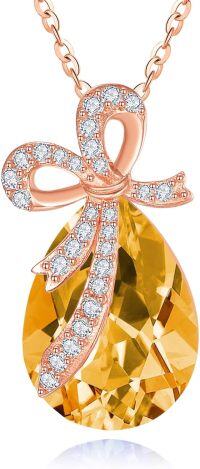wholesale 925 Sterling Silver Crystal Bow Teardrop Birthstone Pendant Necklace-11-Nov-Citrine Yellow