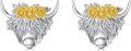 wholesale 925 Sterling Silver Highland Cow with Sunflowers Dangle Stud Leverback Hoop Earrings-0-0