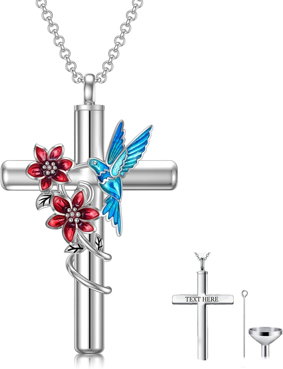 wholesale 925 Sterling Silver Urn Cross Pendant Necklace with Hummingbird and Flowers Design for Ashes Keepsake  Set-0-0