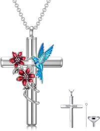 wholesale 925 Sterling Silver Urn Cross Pendant Necklace with Hummingbird and Flowers Design for Ashes Keepsake  Set-F_Hummingbird Urn Necklace Personalized