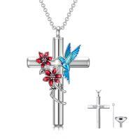 wholesale 925 Sterling Silver Cross Urn Necklace Blue Hummingbird Red Flower Cremation Memorial Pendant-F_Hummingbird Urn Necklace Personalized