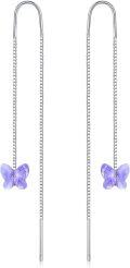 wholesale 925 Sterling Silver Austrian Crystal Purple Butterfly Long Dangle Earrings-0-0
