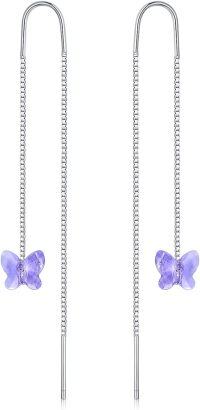 wholesale 925 Sterling Silver Austrian Crystal Purple Butterfly Long Dangle Earrings-Threader Earrings-Purple Butterfly