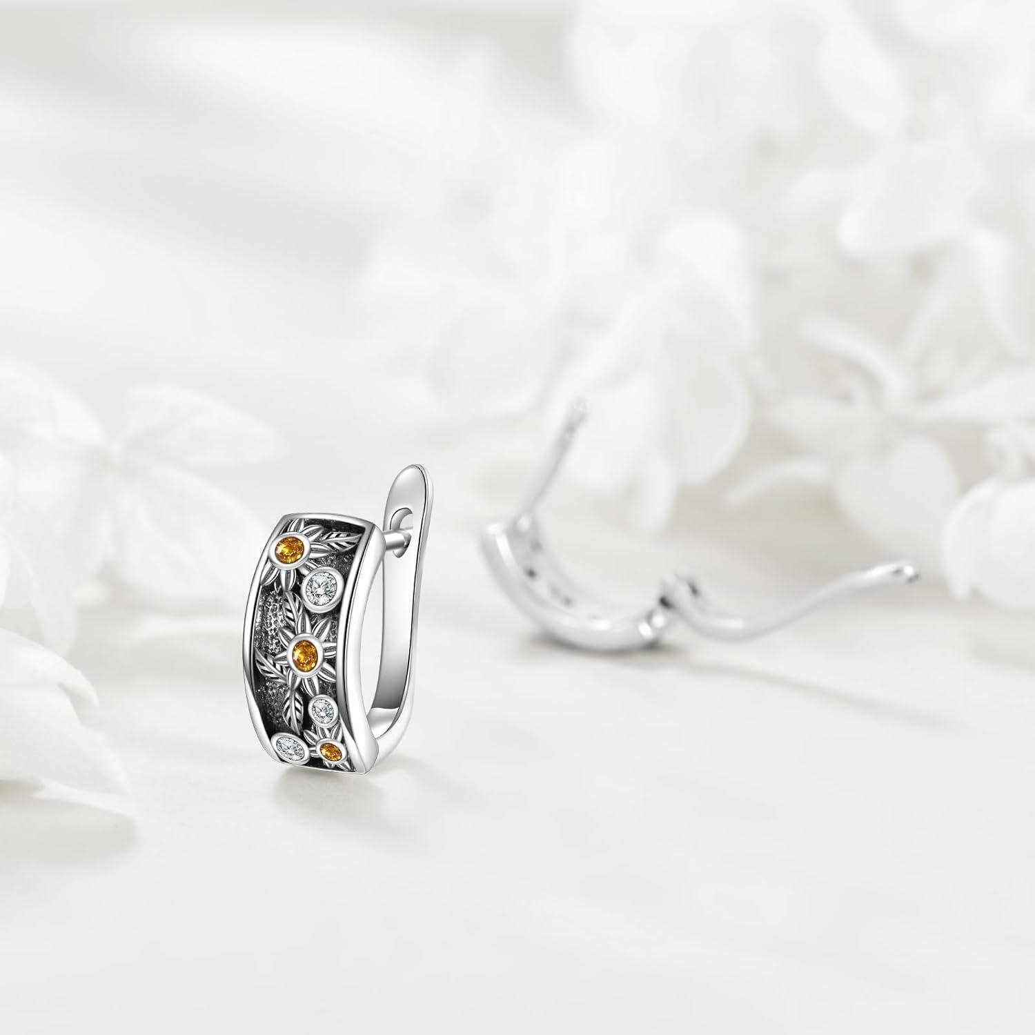925 Sterling Silver Metal Stone Flower Hoop Earrings with Citrine and CZ Stones - Elegant Floral  for Women-0-2