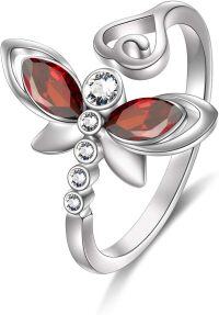 wholesale Sterling Silver Austrian Crystals Dragonfly Adjustable Open Ring Fine Jewelry Gifts-01 Dragonfly -Red