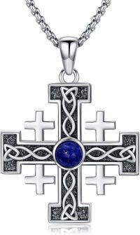 wholesale 925 Sterling Silver Lapis Lazuli Celtic Knot Jerusalem Cross Pendant Necklace  for Men & Women Birthdays Gifts-02-Jerusalem Cross Celtic Knot Necklace