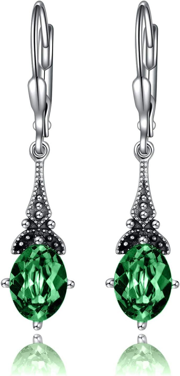 Sterling Silver Austrian Crystal Vintage Drop Dangle Leverback Earrings-Simulated Emerald