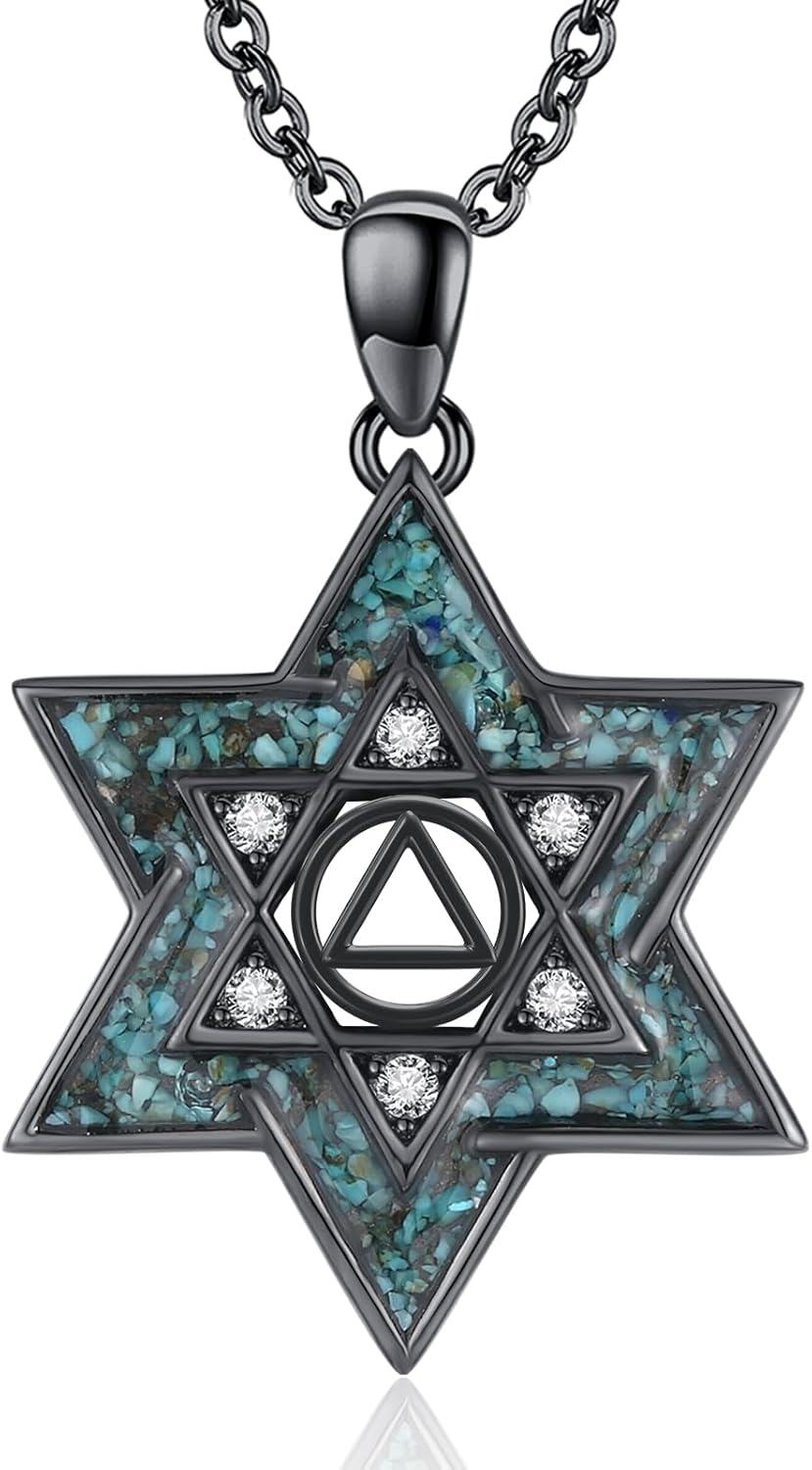 Sterling Silver Black Turquoise Star of David Pendant Necklace Jewish Jewelry Gifts for Women-Sobriety