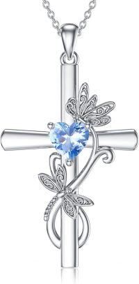wholesale Sterling Silver Birthstone Dragonfly Cross Pendant Necklace for Women-03-March